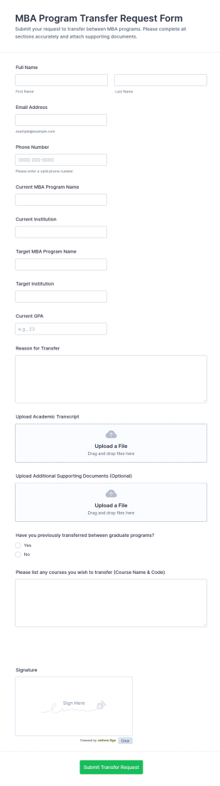 MBA Program Transfer Request Form Template