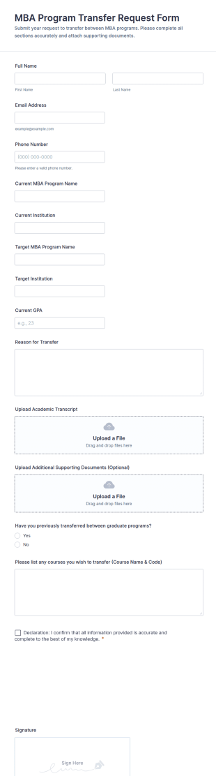 MBA Program Transfer Request Form Template