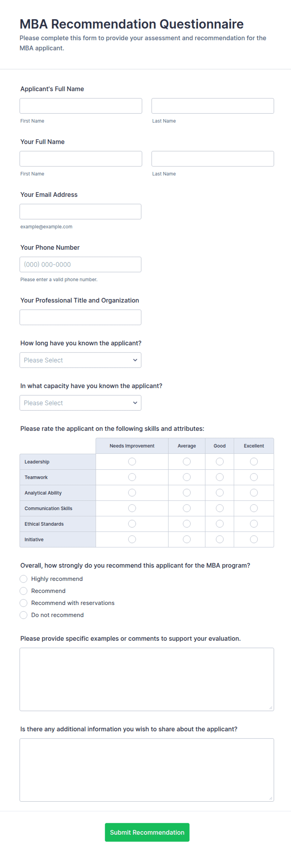 MBA Recommendation Questionnaire Form Template | Jotform
