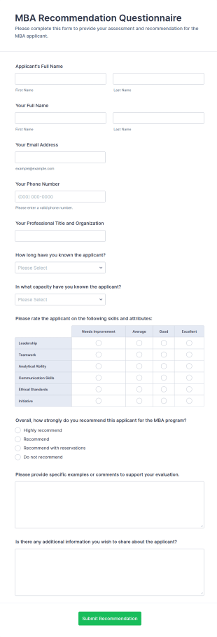 MBA Recommendation Questionnaire Form Template