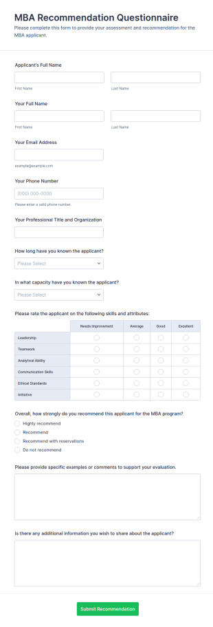 MBA Recommendation Questionnaire Form Template