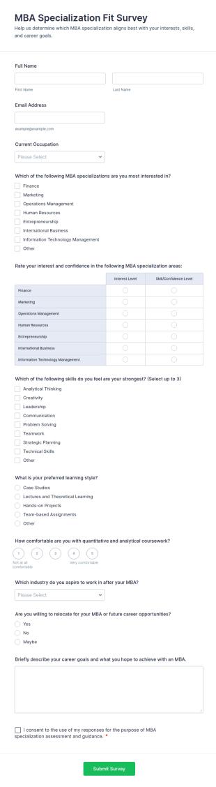 MBA Specialization Fit Survey Form Template