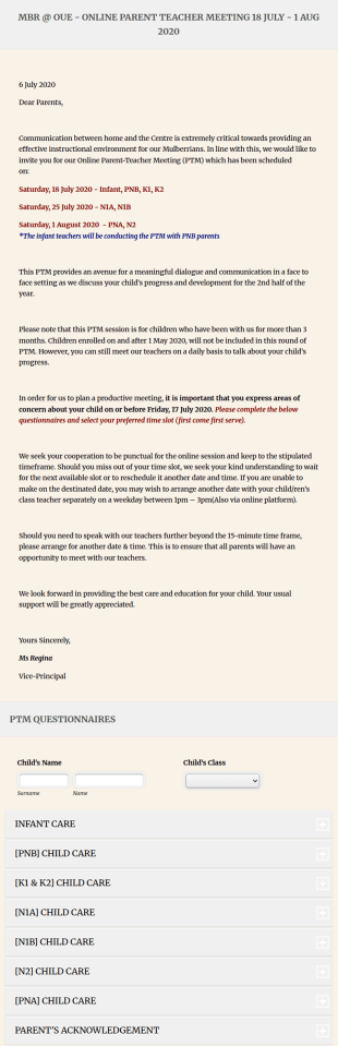 Mbr Online Parent Teacher Meeting 2020 Form Template