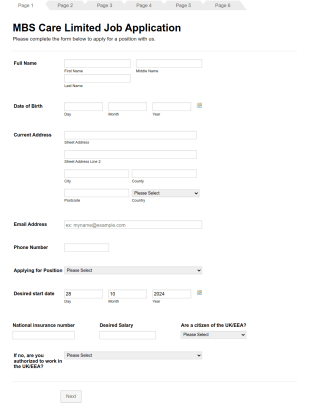 Nursing Home Care Giver Job Application Form Template