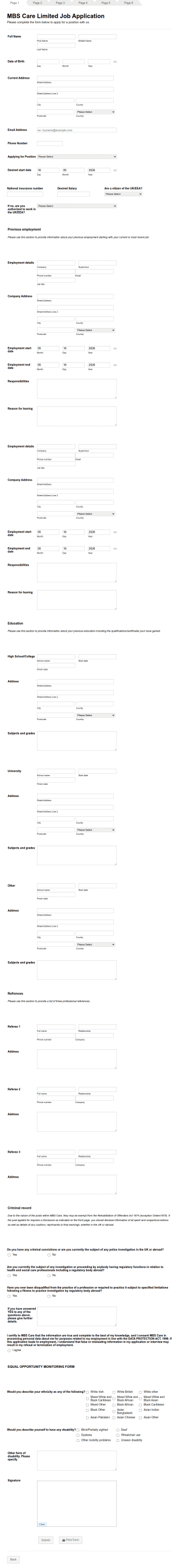 Nursing Home Care Giver Job Application Form Template