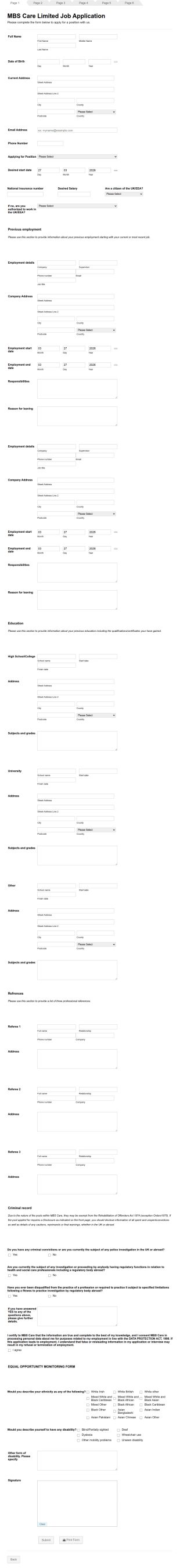 Nursing Home Care Giver Job Application Form Template