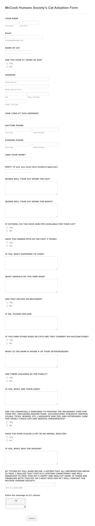 McCook Humane Society's Cat Adoption Form Template