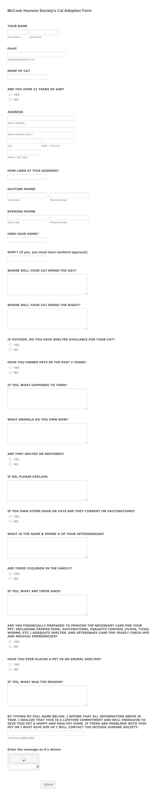 McCook Humane Society's Cat Adoption Form Template