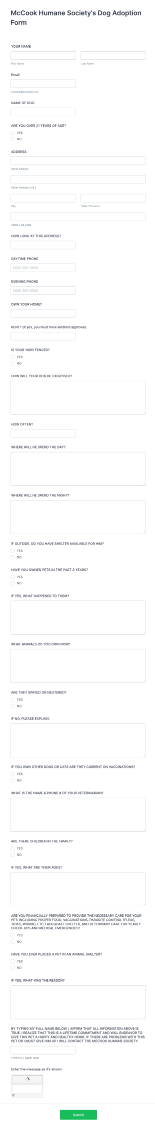 Dog Adoption Form Template