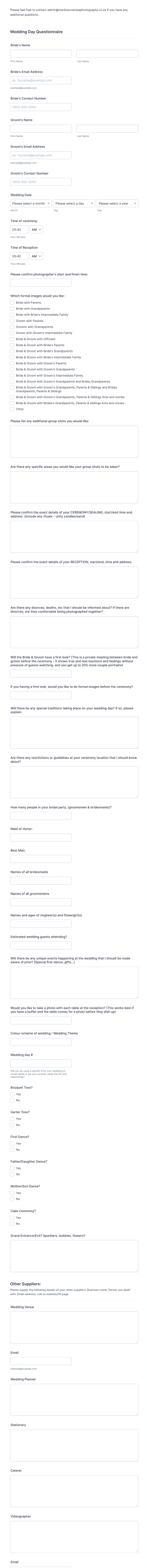Wedding Day Questionnaire Template