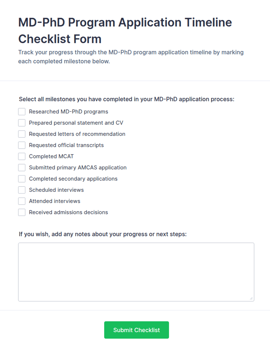 MD-PhD Program Application Timeline Checklist Form Template | Jotform