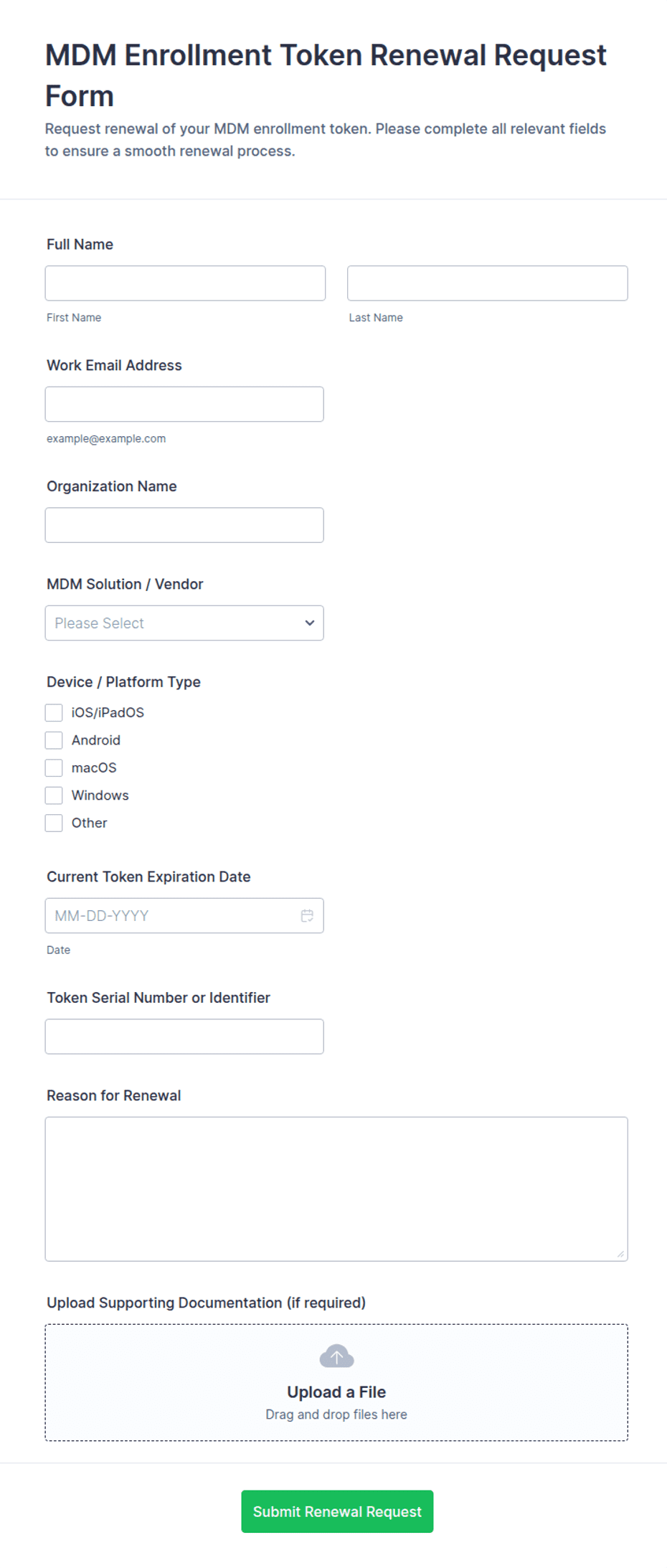 MDM Enrollment Token Renewal Request Form Template | Jotform