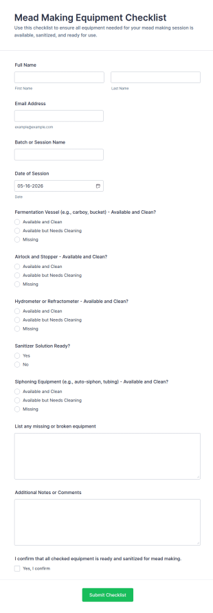 Mead Making Equipment Checklist Form Template
