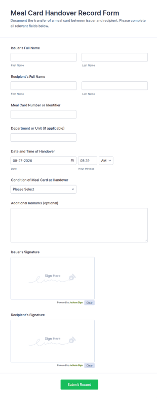 Meal Card Handover Record Form Template