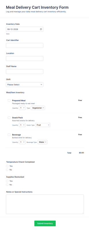 Meal Delivery Cart Inventory Form Template