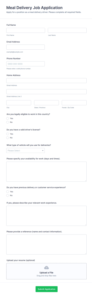 Meal Delivery Job Application Form Template