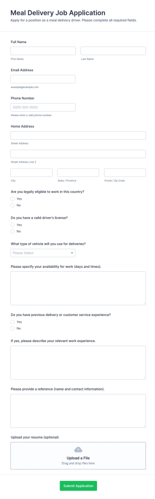 Meal Delivery Job Application Form Template