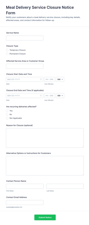 Meal Delivery Service Closure Notice Form Template