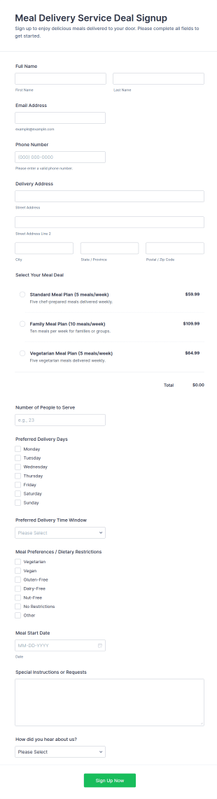 Meal Delivery Service Deal Signup Form Template