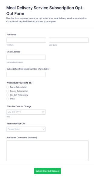 Meal Delivery Subscription Opt Out Form Template