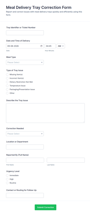 Meal Delivery Tray Correction Form Template