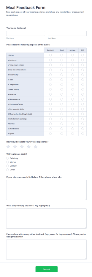 Meal Feedback Form Template