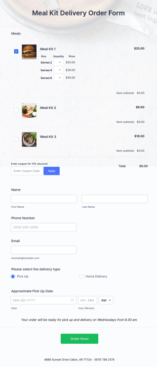 Meal Kit Delivery Order Form Template