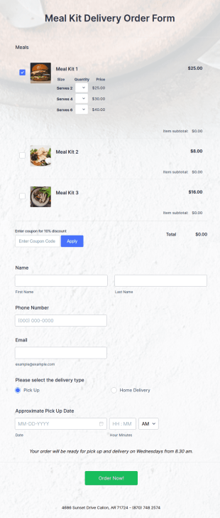 Meal Kit Delivery Order Form Template