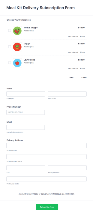 Meal Kit Delivery Subscription Form Template