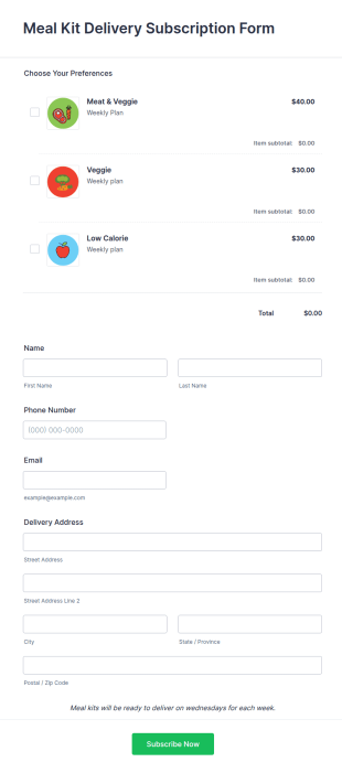 Meal Kit Delivery Subscription Form Template