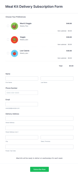 Meal Kit Delivery Subscription Form Template