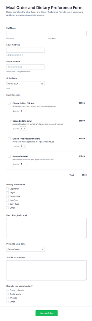Meal Order And Dietary Preference Form Template