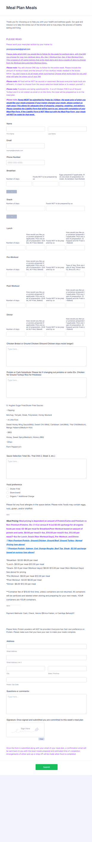 Meal Plan Submission Form Template