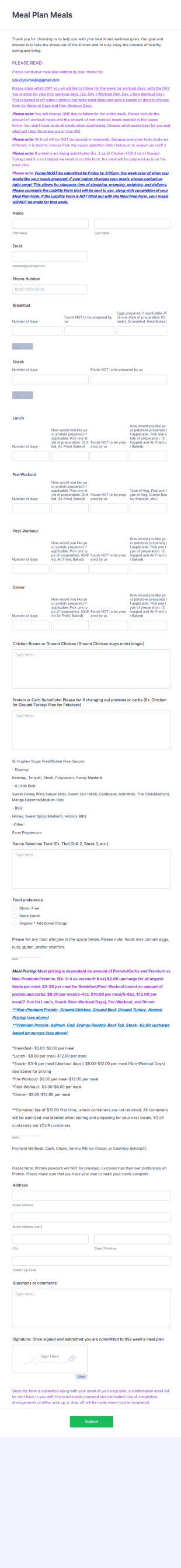 Meal Plan Submission Form Template