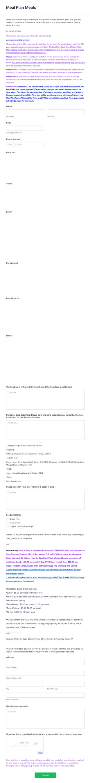 Meal Plan Submission Form Template