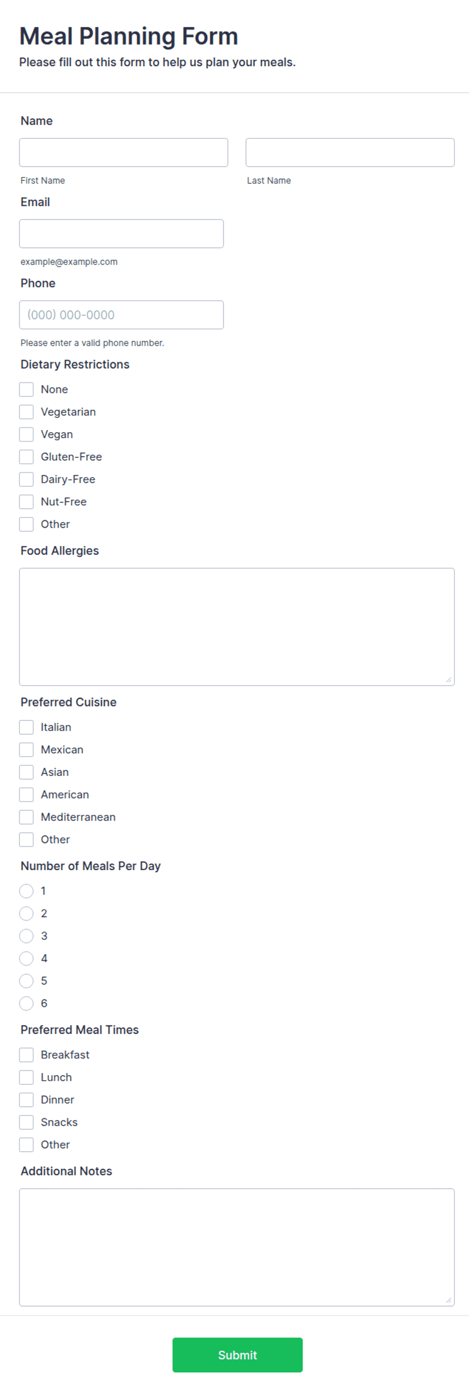 Meal Planning Form Template | Jotform