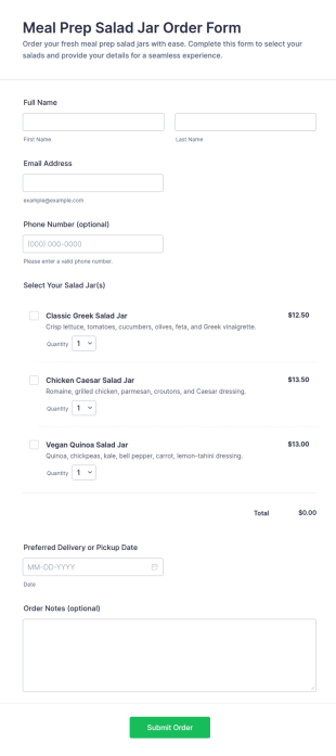 Meal Prep Salad Jar Order Form Template