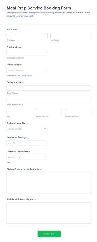 Meal Prep Service Booking Form Template