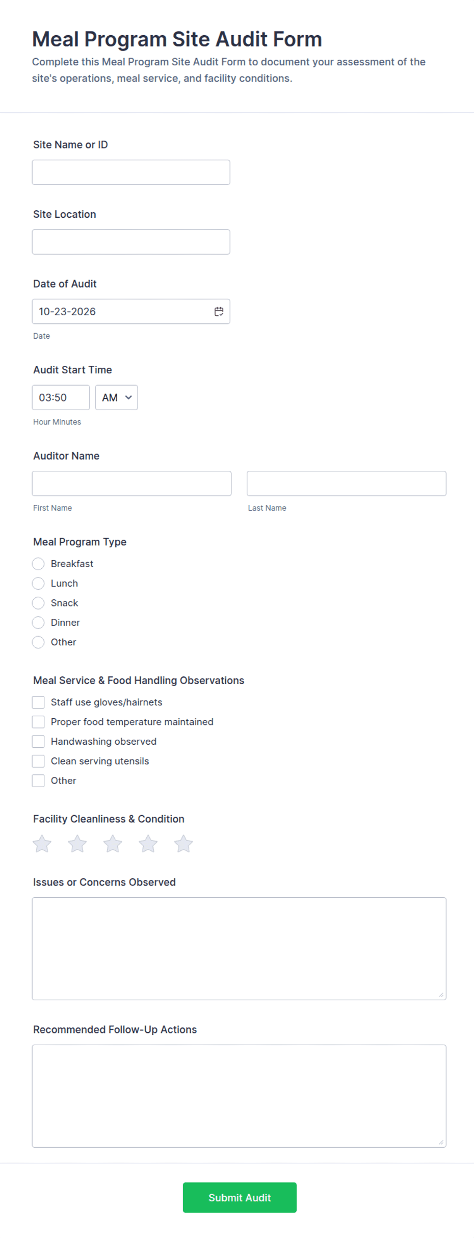 Sample Program Audit Checklist Meal Program Site Audit Form Template | Jotform