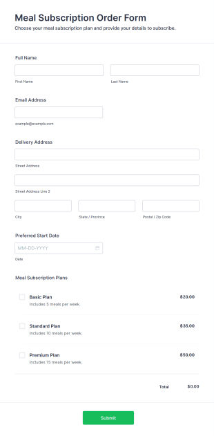 Meal Subscription Order Form Template