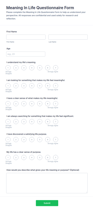 Meaning In Life Questionnaire Form Template
