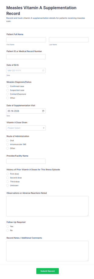 Measles Vitamin A Supplementation Record Form Template