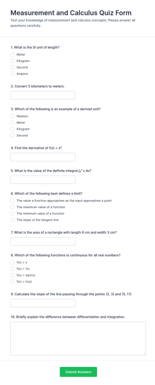 Measurement And Calculus Quiz Form Template