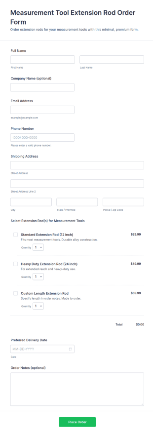 Measurement Tool Extension Rod Order Form Template