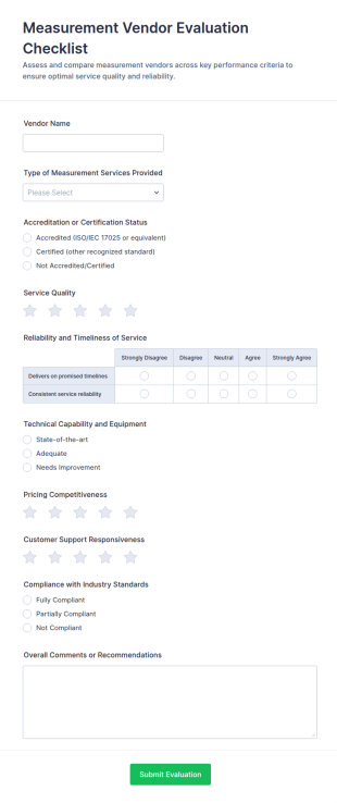 Measurement Vendor Evaluation Checklist Form Template