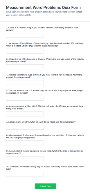 Measurement Word Problems Quiz Form Template