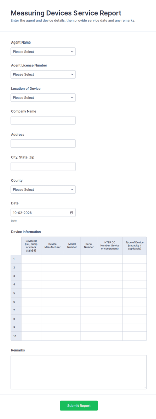 Measuring Devices Service Report Form Template