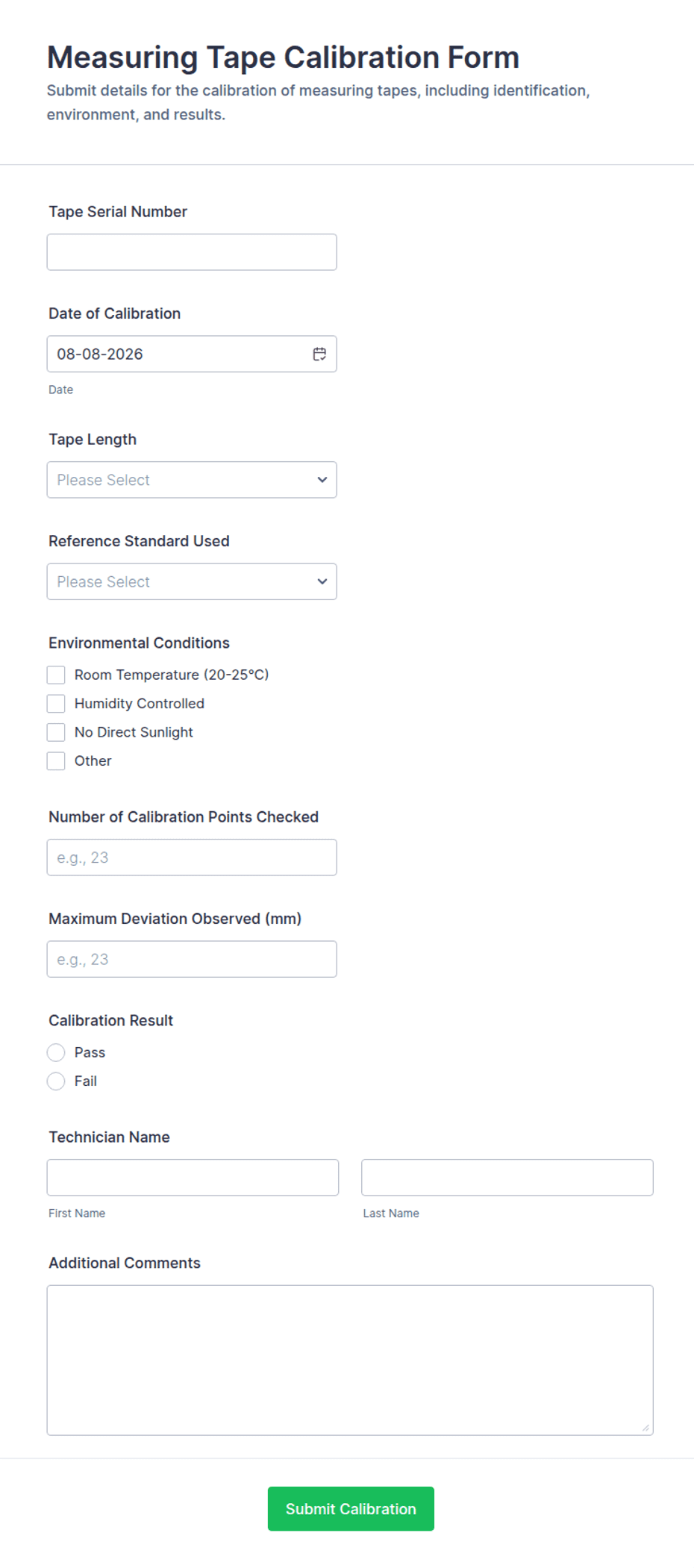 Measuring Tape Calibration Form Template | Jotform