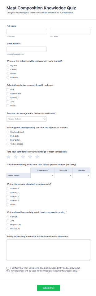 Meat Composition Knowledge Quiz Form Template