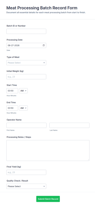 Meat Processing Batch Record Form Template